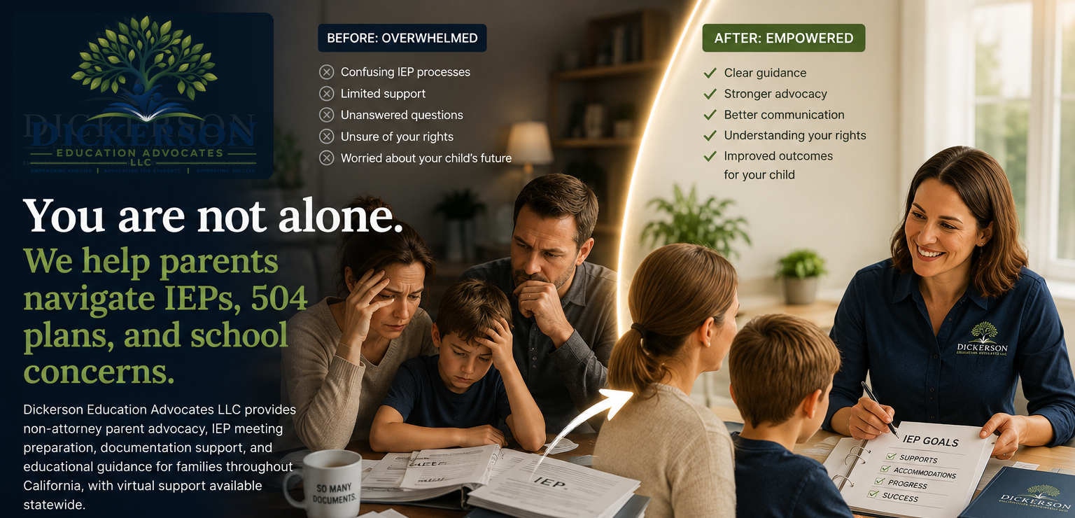 A family overwhelmed by IEP paperwork transitions to a supported meeting with a Dickerson Education Advocates LLC advocate